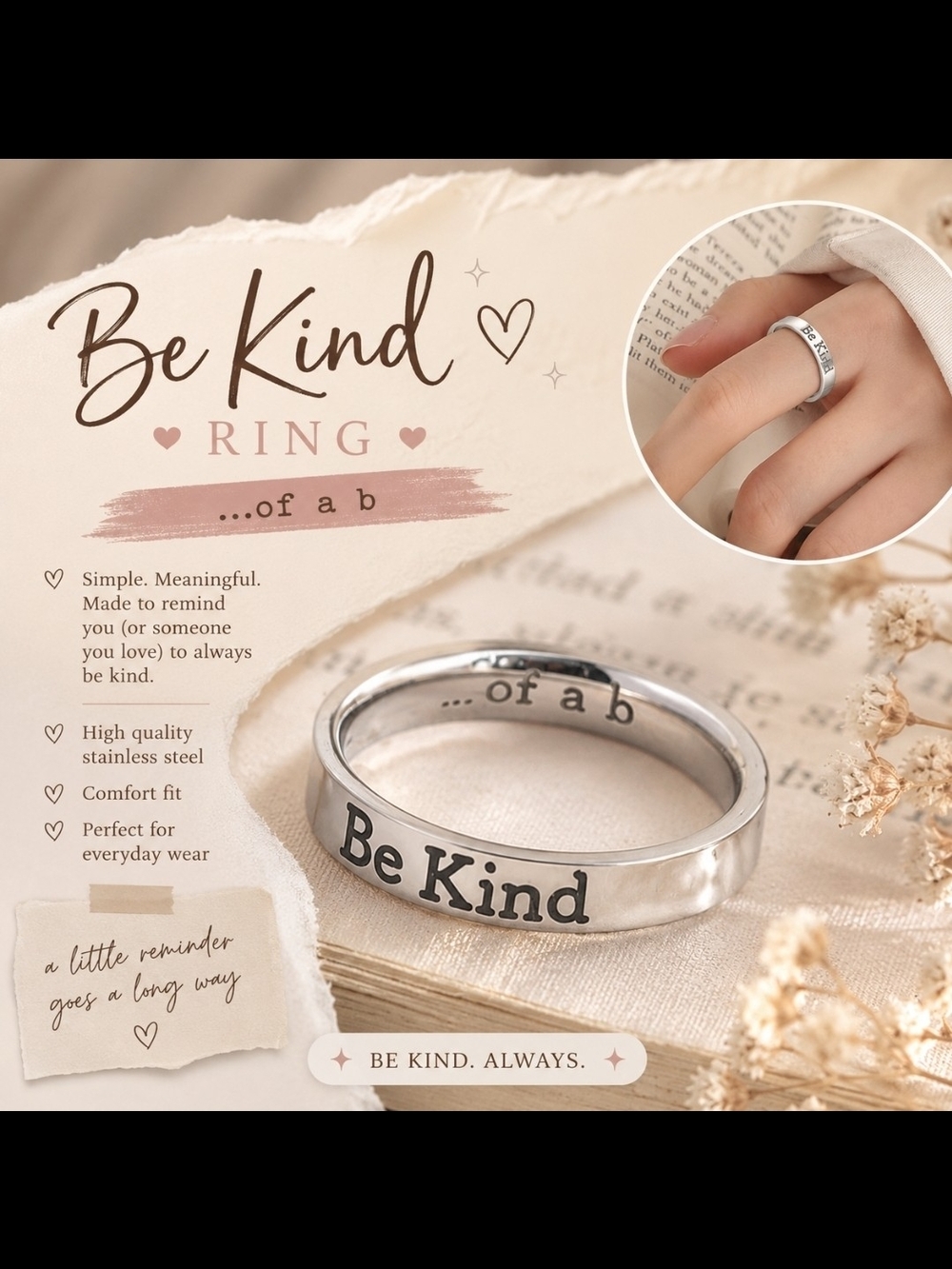 Be Kind Silver Stainless Steel Ring - Inspirational Women’s Band Size 6!